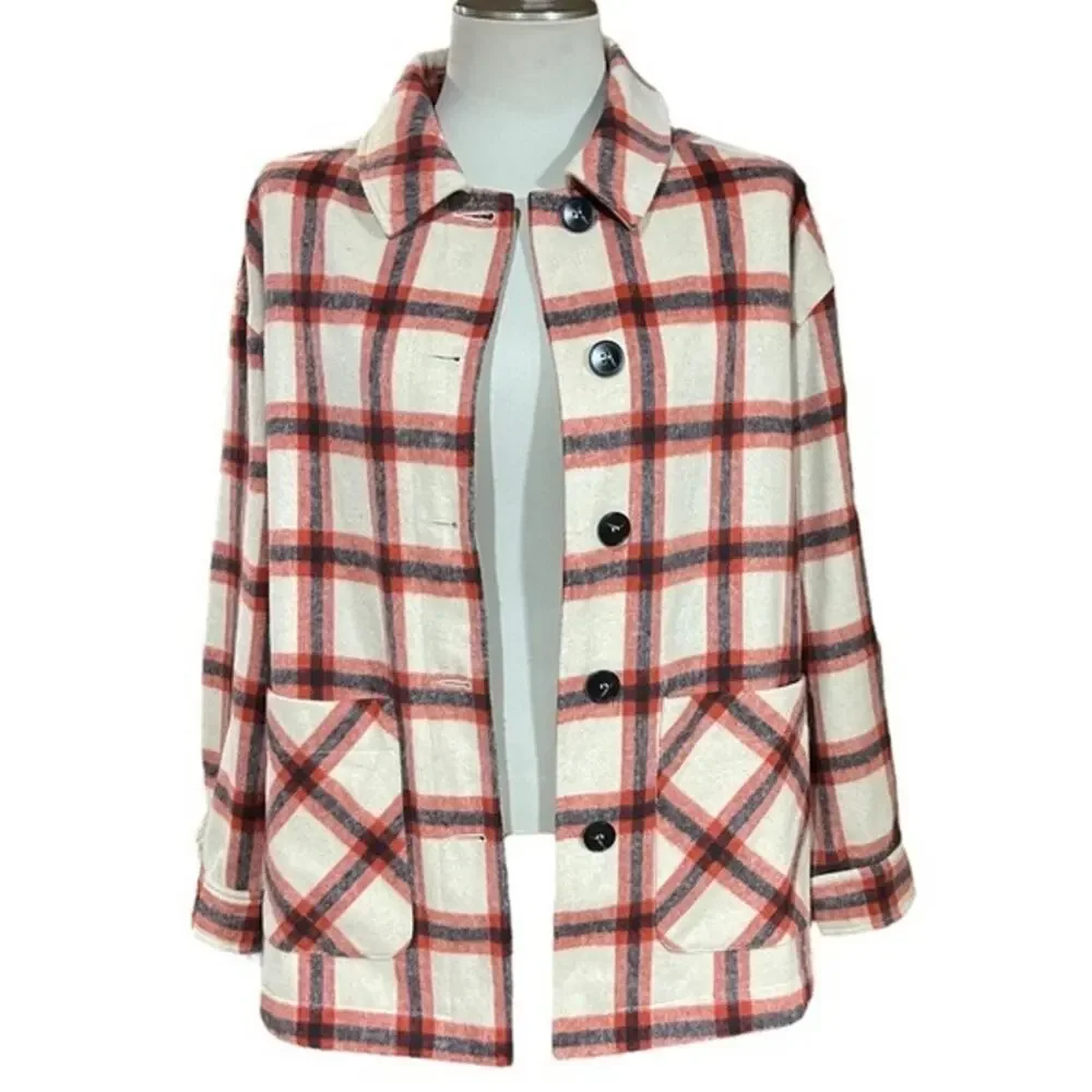 Ott Flannel Shirt Jacket‎ Oatmeal Red Black Plaid Medium / Large